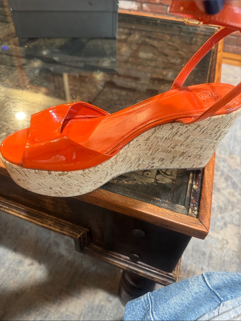 Tory Burch Orange Patent Cork Wedge Sandals